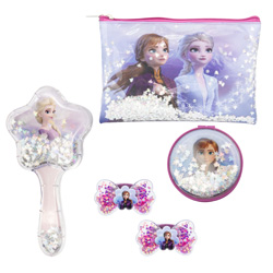 DISNEY FROZEN 2 SET 5 PIECES: NECESSAIRE BAG, BRUSH AND MIRROR WITH SNOW EFFECT OF STARS AND TWO ELASTIC HAIR