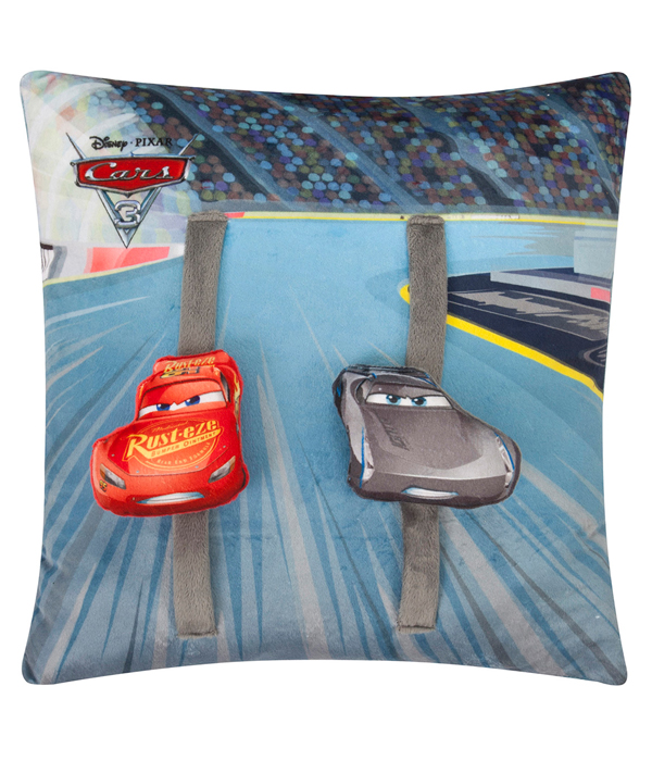 CARS 3 CUSCINO IN PELUCHE "RACETRACK" CON 2 MACCHINE 40X40 CM