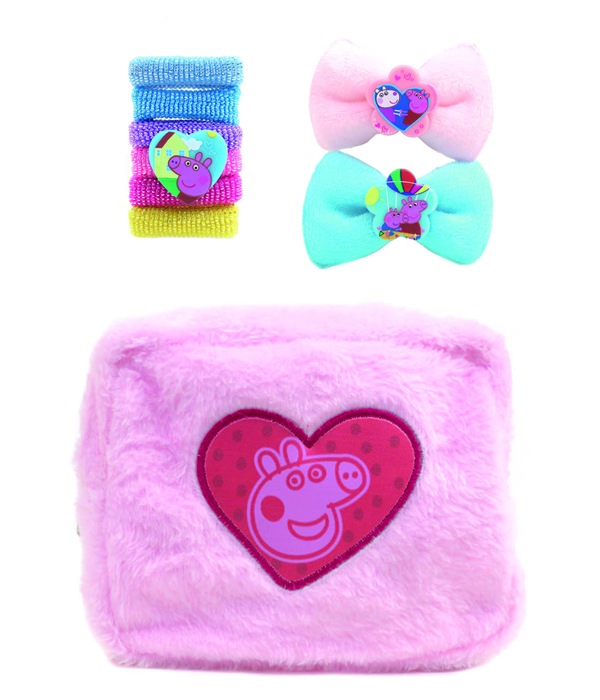 PEPPA PIG SET WITH 6 RUBBER BANDS, 2 PLUSH HAIR CLIPS AND PLUSH BEAUTY BAG ON BACKERCARD 14.5X2X21 CM