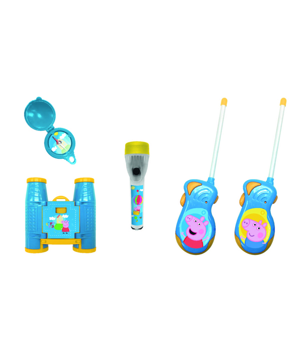 PEPPA PIG ADVENTURE SET 5 PEZZI COMPOSTO DA: WALKIE TALKIE (6X BATTERIE AA NON INCLUSE), BINOCOLO, BUSSOLA E TORCIA (2X BATTERIE AAA NON INCLUSE) IN CONFEZIONE REGALO 38,6X5,5X28,7 CM