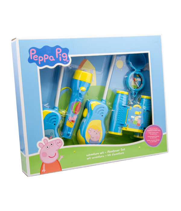 PEPPA PIG ADVENTURE SET 5 PEZZI COMPOSTO DA: WALKIE TALKIE (6X BATTERIE AA NON INCLUSE), BINOCOLO, BUSSOLA E TORCIA (2X BATTERIE AAA NON INCLUSE) IN CONFEZIONE REGALO 38,6X5,5X28,7 CM