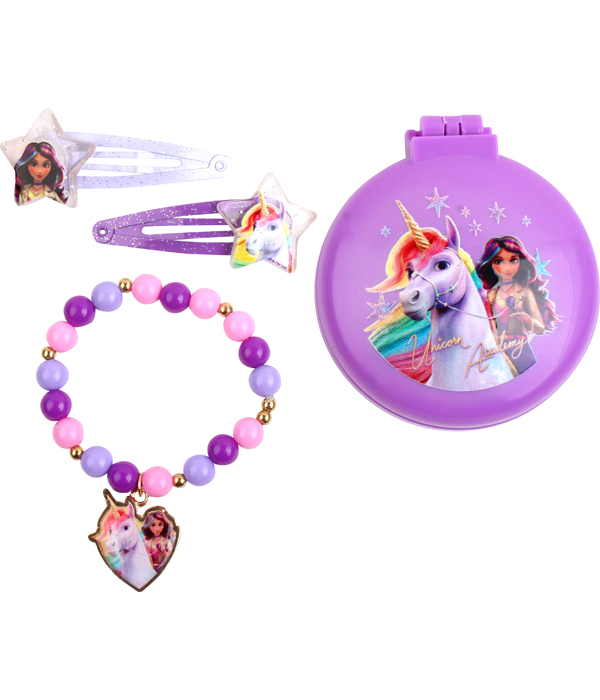 UNICORN ACADEMY SCHMUCKSET MIT POP UP BÜRSTE, 2 HAARSPANGEN 
