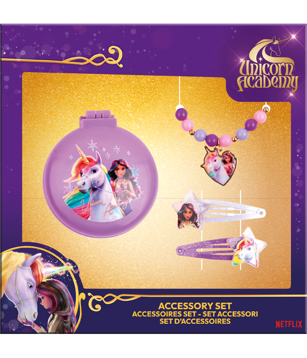 UNICORN ACADEMY SCHMUCKSET MIT POP UP BÜRSTE, 2 HAARSPANGEN 