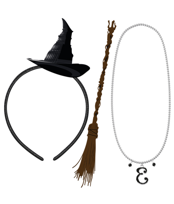 SET WICKED ELPHABA CON FASCIA PER CAPELLI CON CAPPELLO E SCOPA