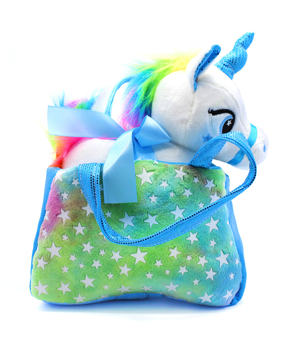 UNICORNO DI PELUCHE IN BORSA DI PELUCHE CHE SI FLUIDE AL BUIO 3 ORDINATI