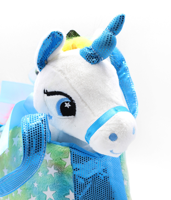 UNICORNO DI PELUCHE IN BORSA DI PELUCHE CHE SI FLUIDE AL BUIO 3 ORDINATI