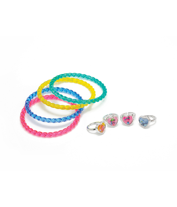 TROLLS SET CON 4 BRACCIALI E 4 ANELLI 7X7X2,5 CM