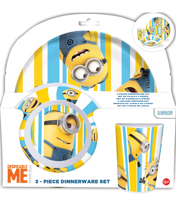 MINIONS SET 3 PEZZI IN MELAMINA IN CONFEZIONE REGALO 23,5X7X23 CM
